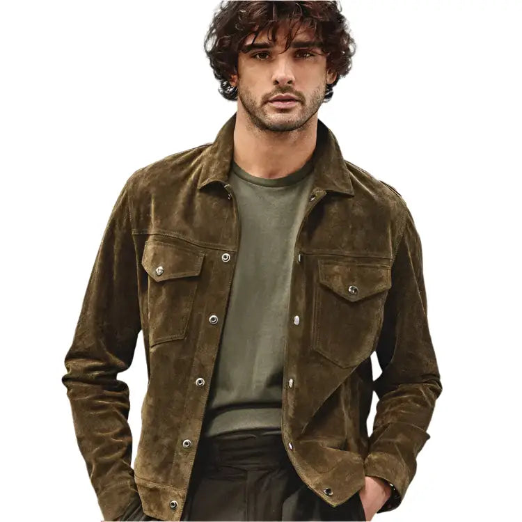 Men's Olive Suede Leather Snap Shirt Jacket-3