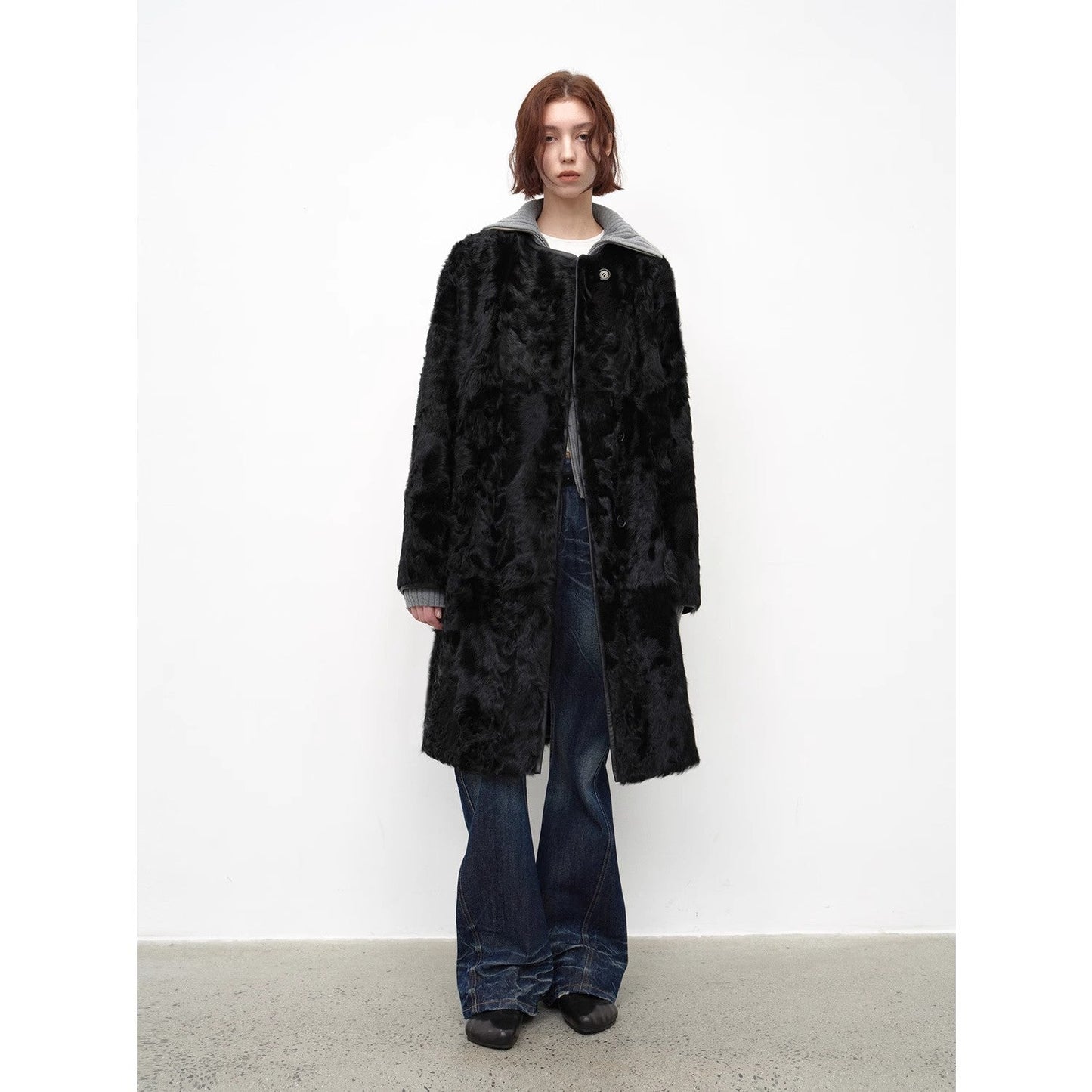 "Roman Theater" sheepskin fur one-piece long round neck straight fur coat for women winter-1