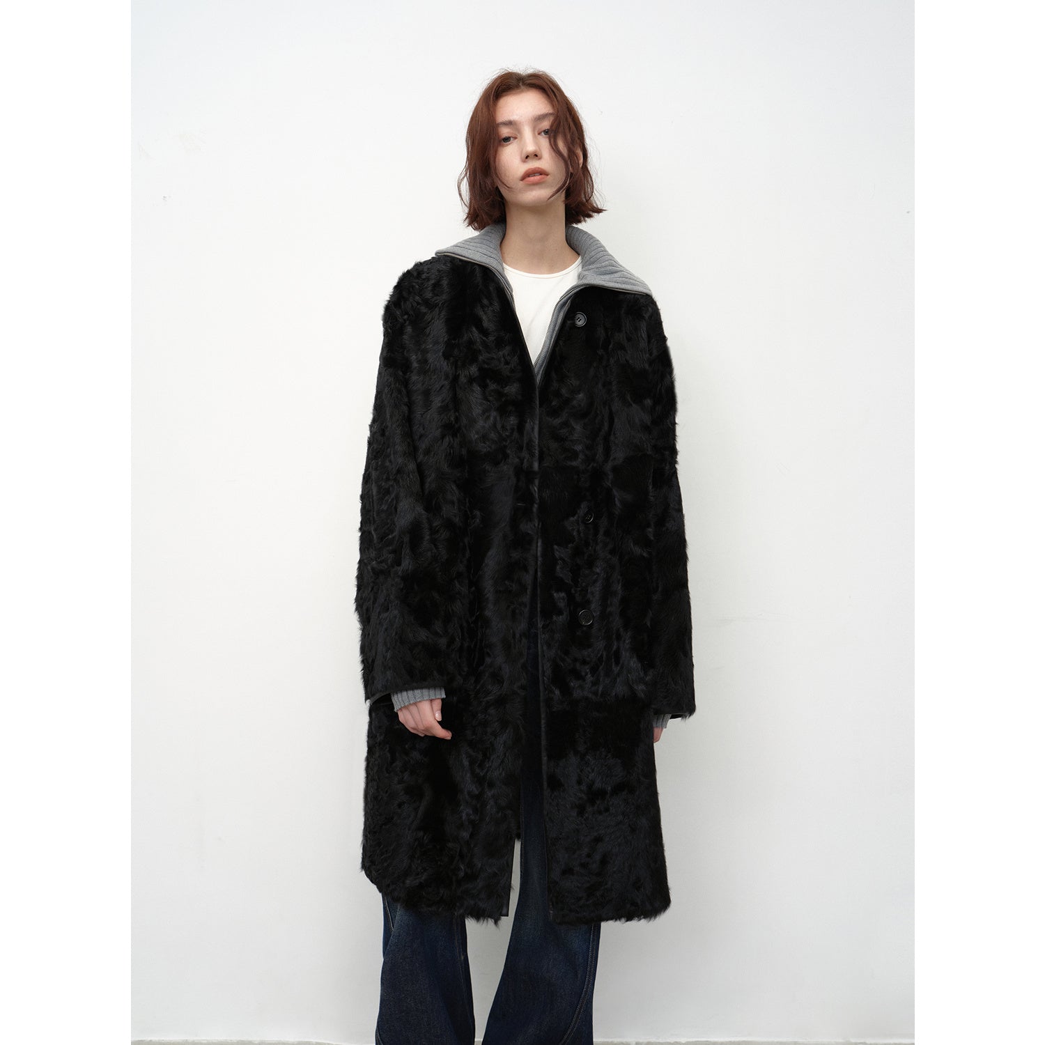 "Roman Theater" sheepskin fur one-piece long round neck straight fur coat for women winter-5
