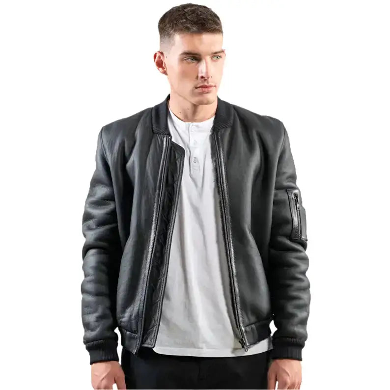 Men’s Black Sheepskin Aviator Jacket-0