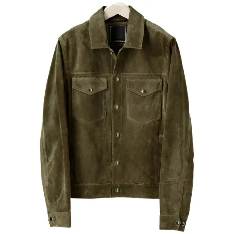 Men's Olive Suede Leather Snap Shirt Jacket-0