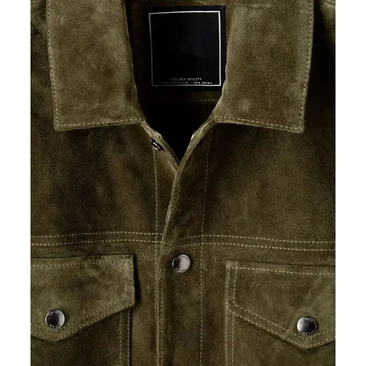 Men's Olive Suede Leather Snap Shirt Jacket-2